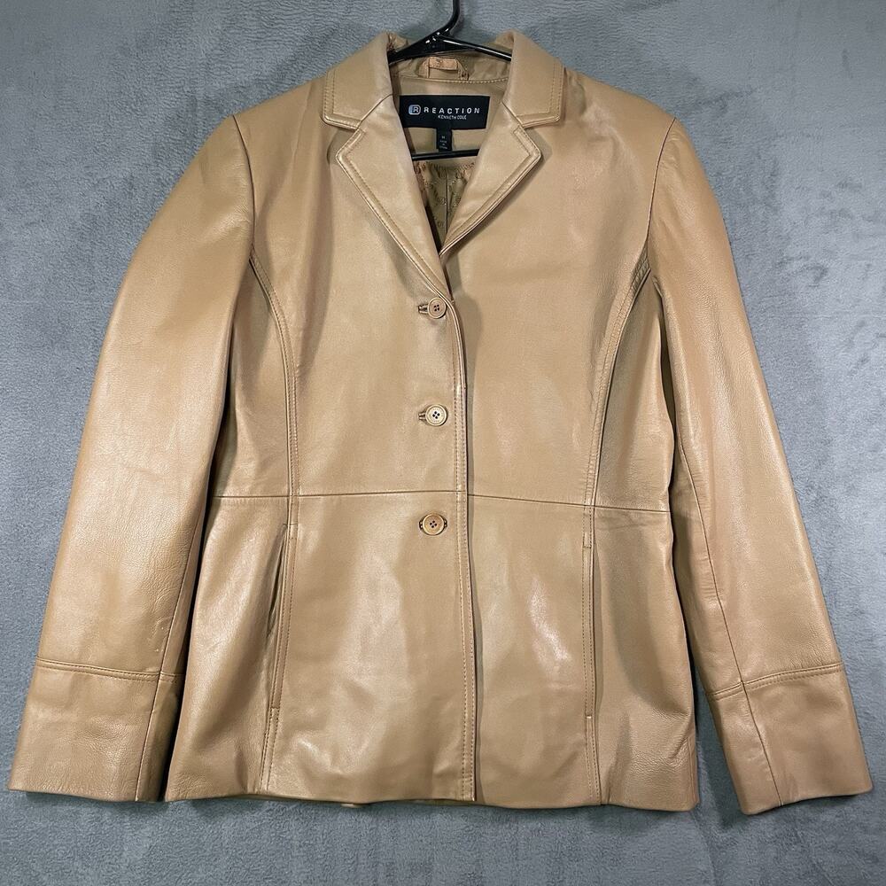 Kenneth Cole Reaction Leather Jacket Tan Womens M Button Front Coat Casual